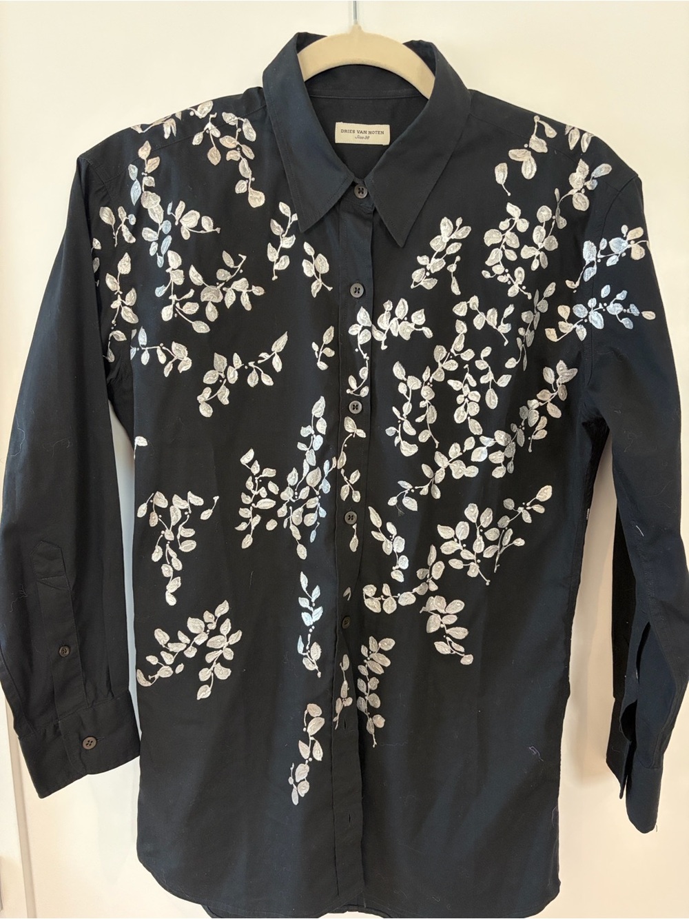 Dries Van Noten Black Button-Down Shirt with White/Silver hand paint Leaf Motif